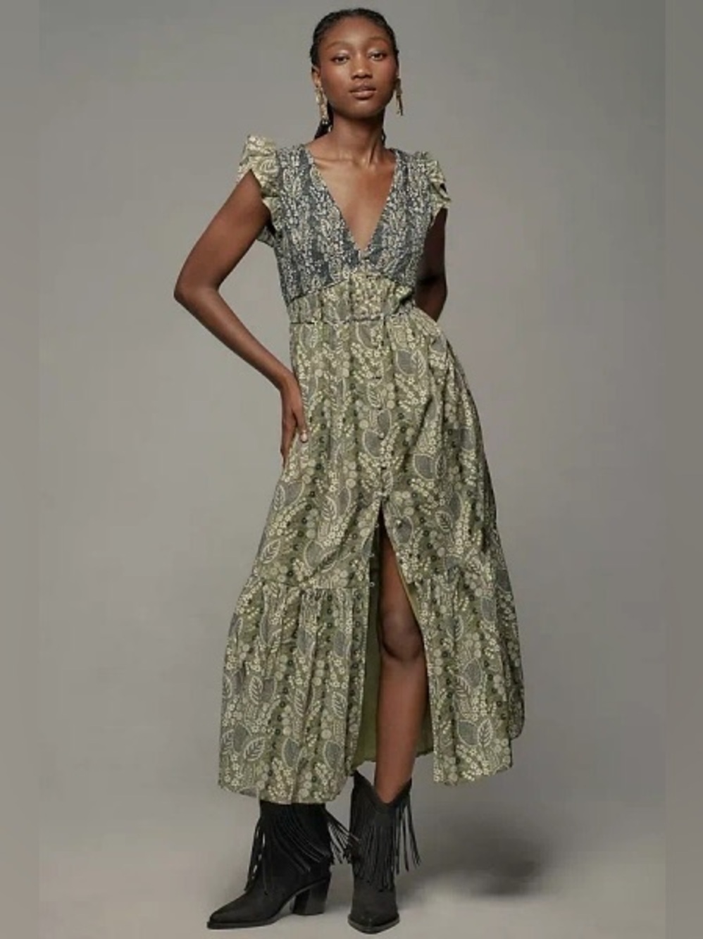 Anthropologie The Peregrine Midi Dress Green XL Petite Bohemian Floral